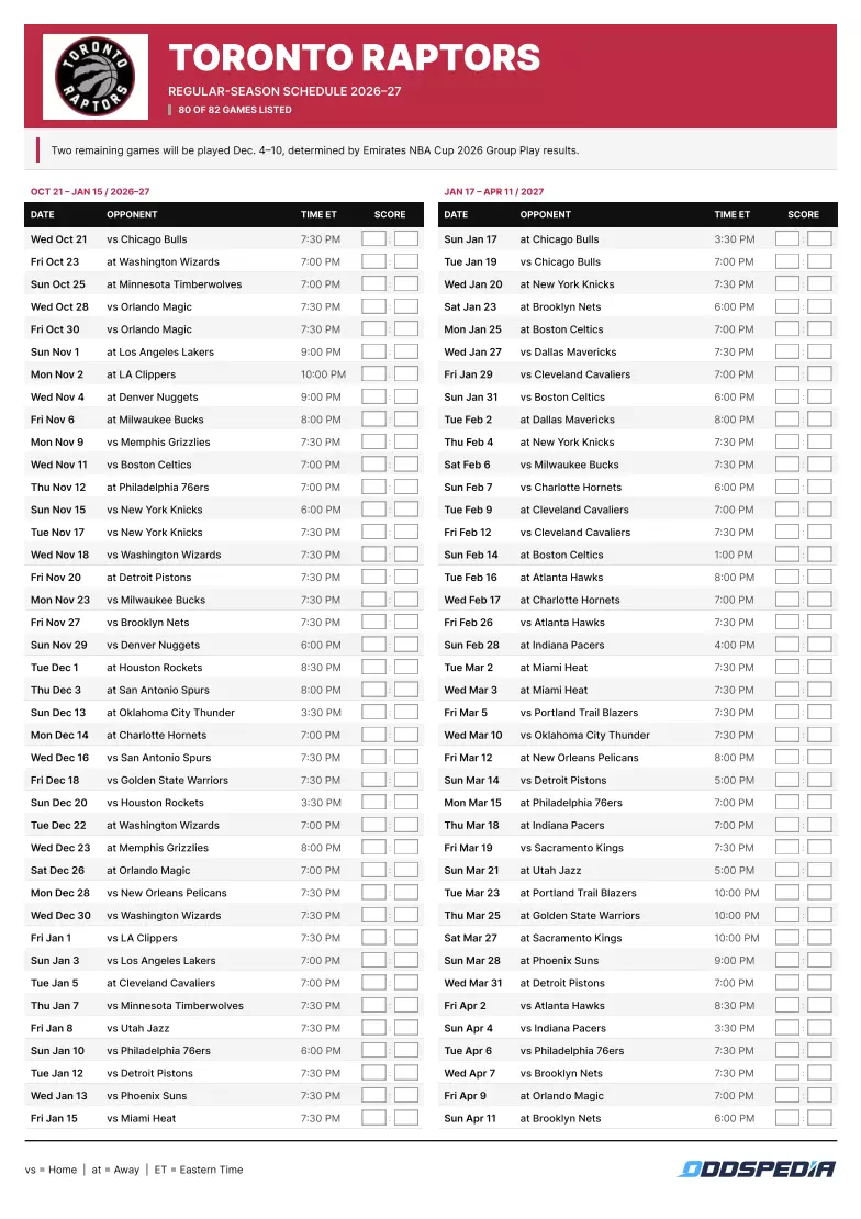 Toronto Raptors Printable Schedule 2026-27: PDF & Game Dates