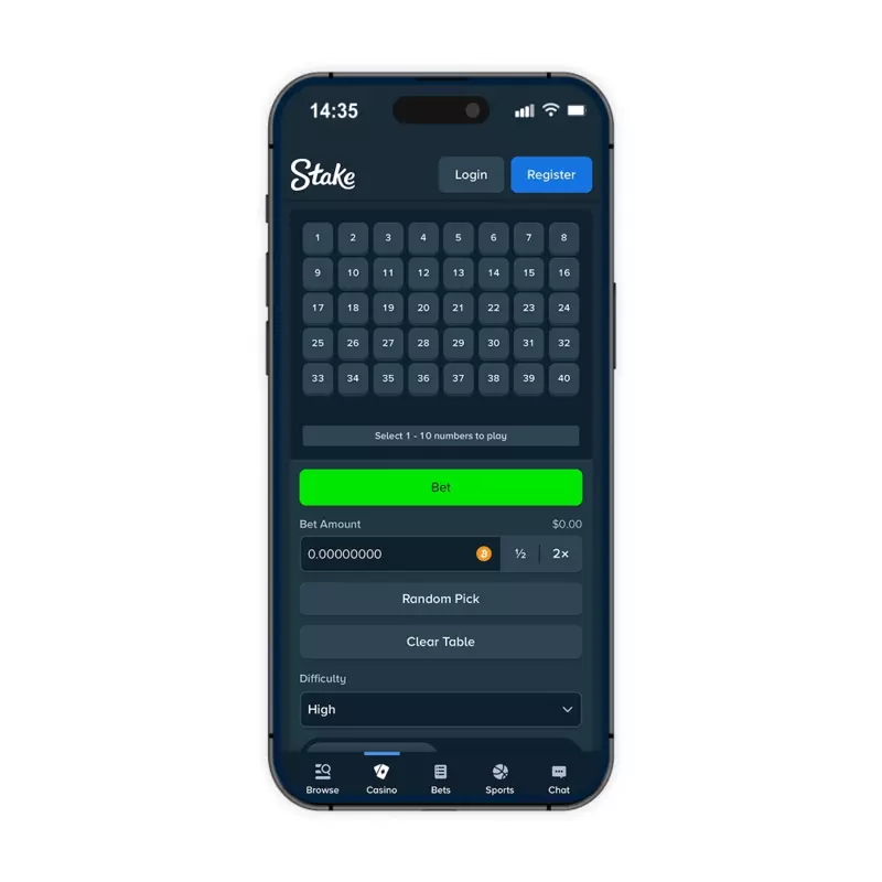 Screenshot des Stake Keno-Spieles in der App, zeigt die saubere Benutzeroberfläche und Spielfelder